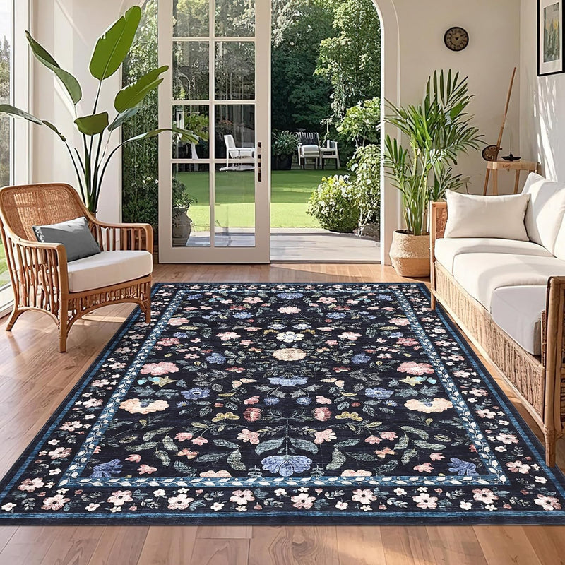 Floral Living Room Rug Washable Low
