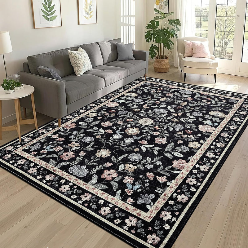Floral Living Room Rug Washable Low