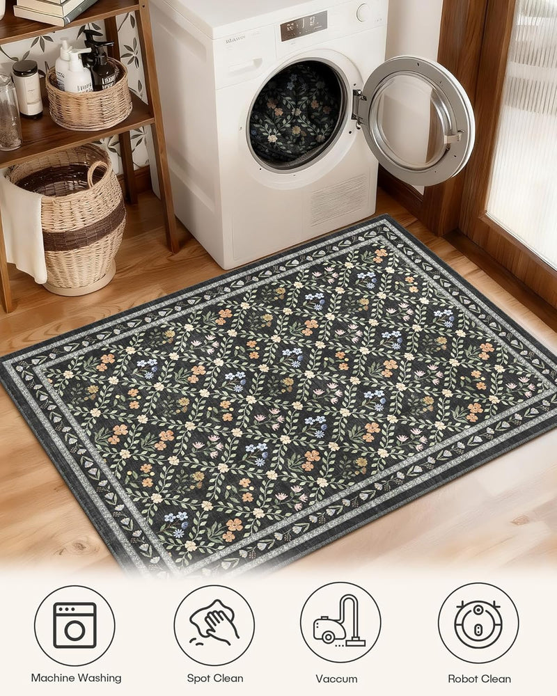 Floral Large Washable Rugs Living Room Lattice