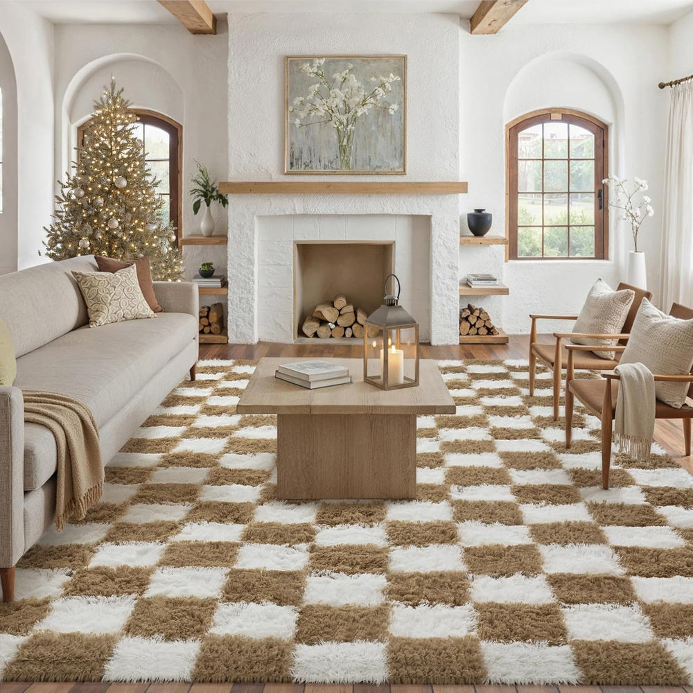 Fluffy Checkered Rugs Living Room Large Area Rug
