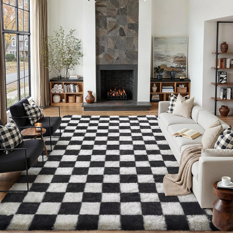 Fluffy Checkered Rugs Living Room Large Area Rug