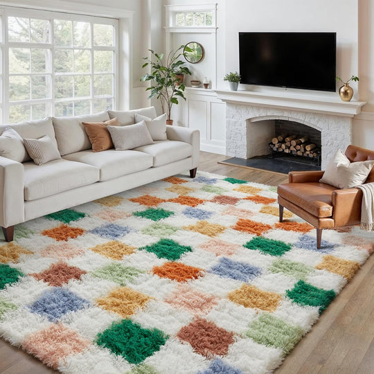 Fluffy Checkered Rugs Living Room Large Area Rug