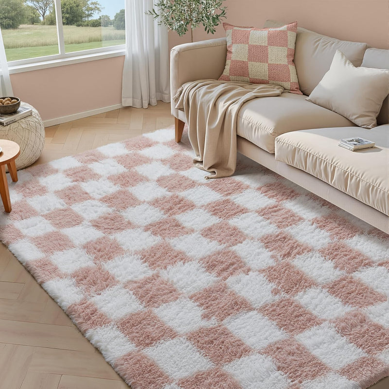 Fluffy Checkered Rugs Living Room Large Area Rug