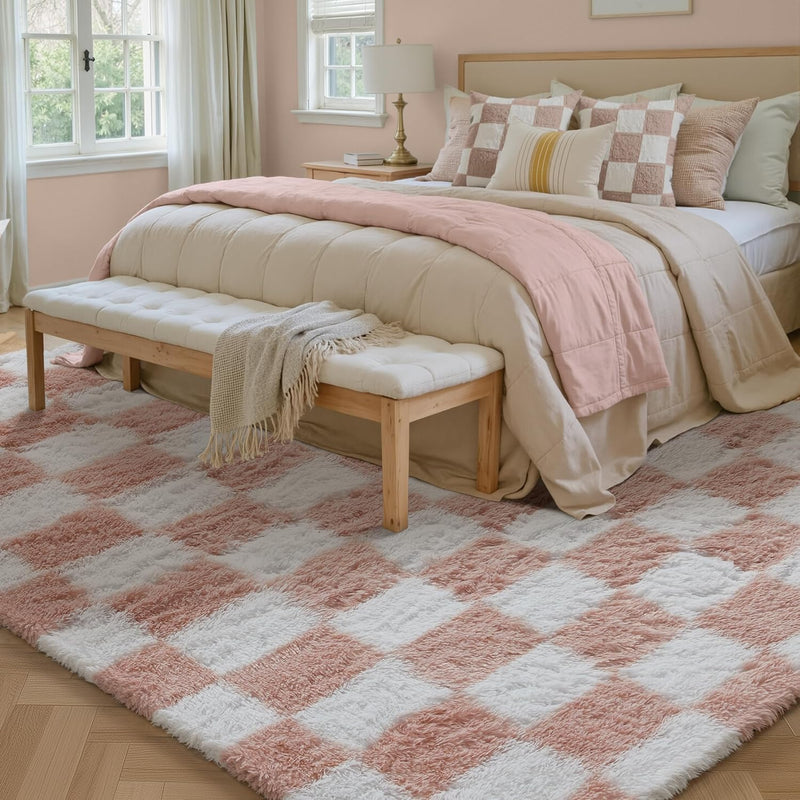 Fluffy Checkered Rugs Living Room Large Area Rug