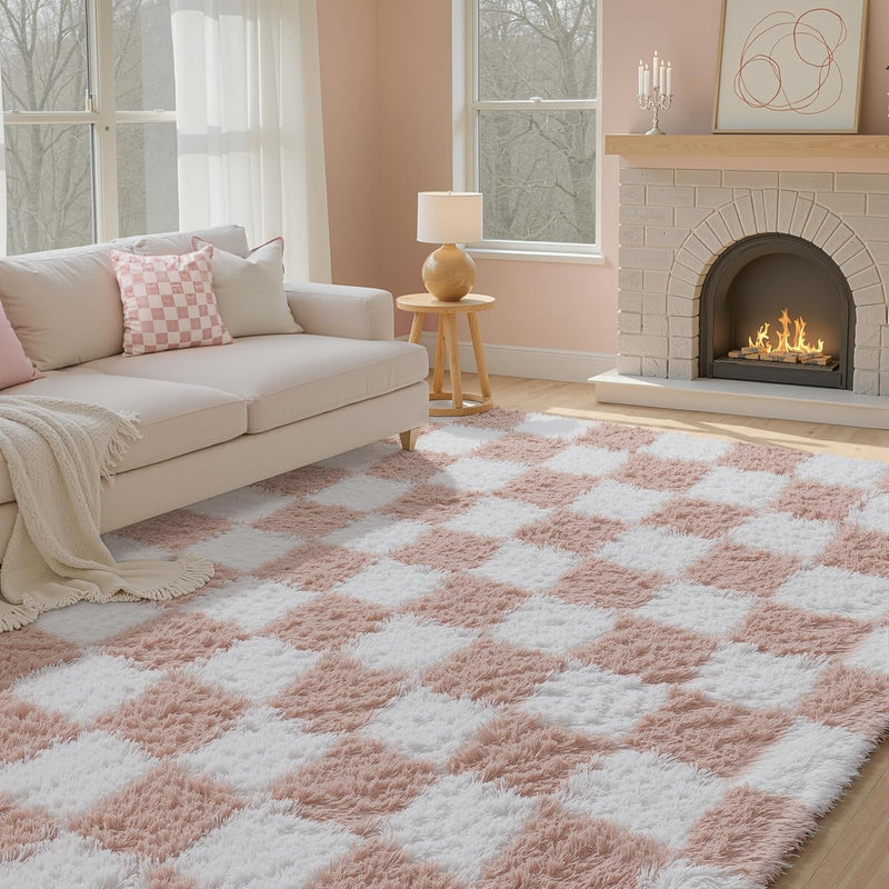 Fluffy Checkered Rugs Living Room Large Area Rug