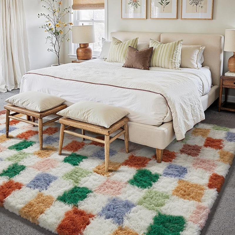 Fluffy Checkered Rugs Living Room Large Area Rug