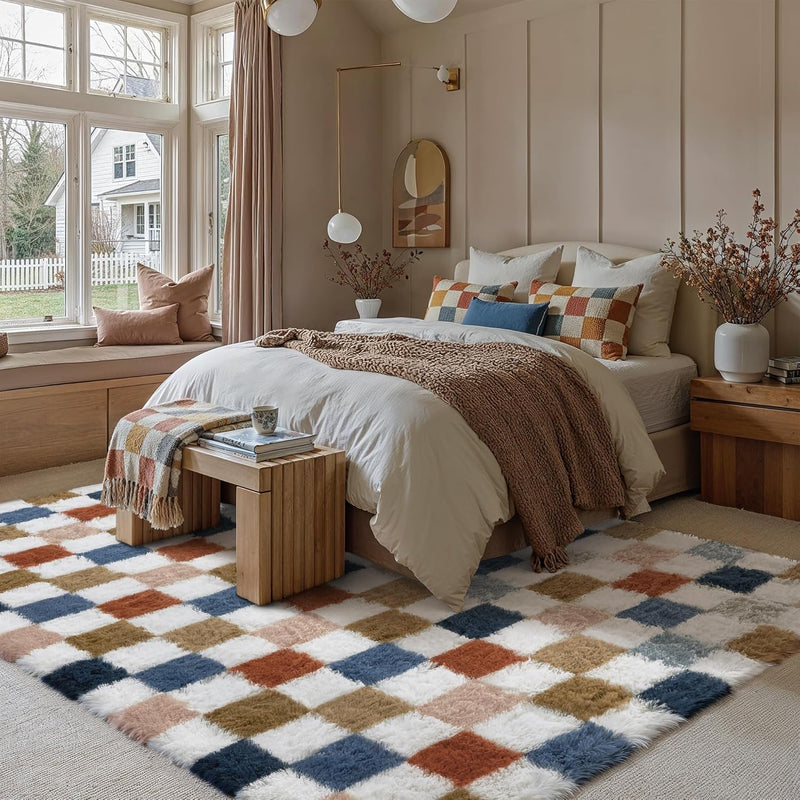 Fluffy Checkered Rugs Living Room Large Area Rug