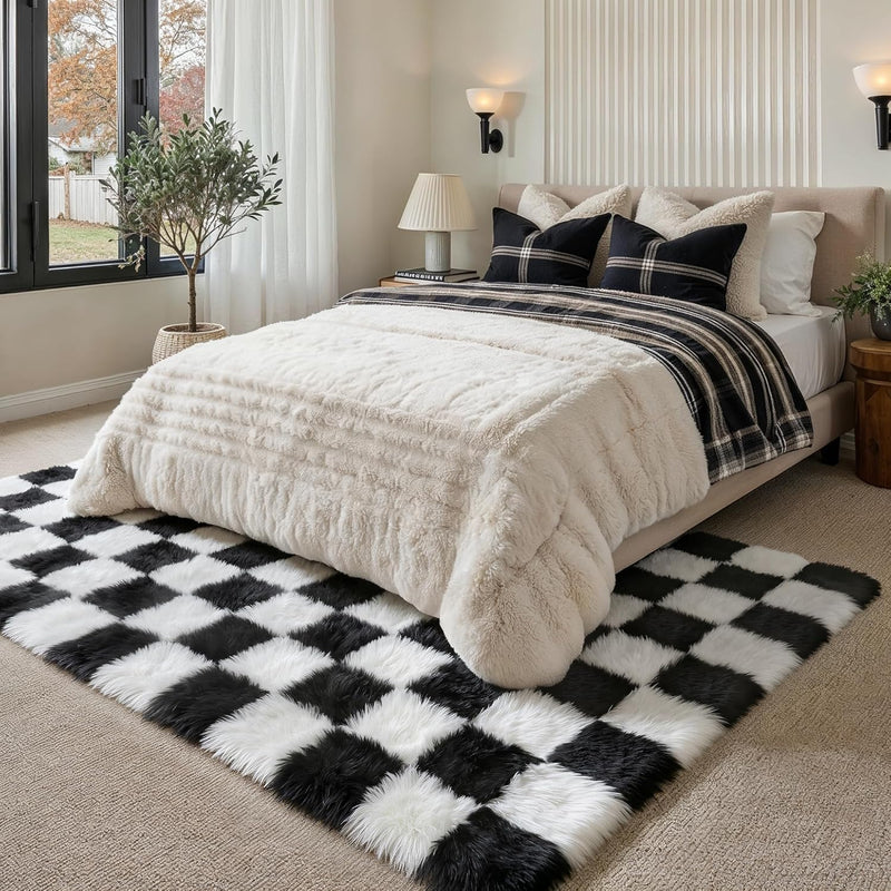 Fluffy Checkered Rugs Living Room Large Area Rug