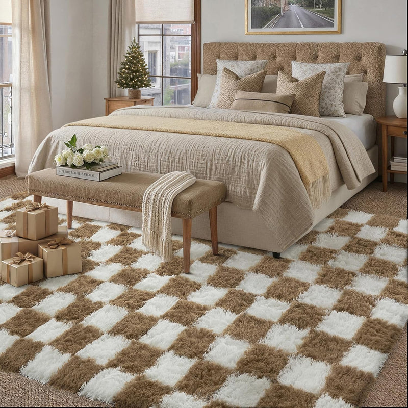 Fluffy Checkered Rugs Living Room Large Area Rug