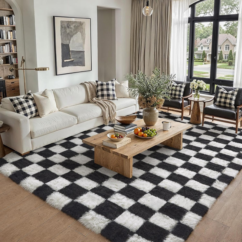 Fluffy Checkered Rugs Living Room Large Area Rug