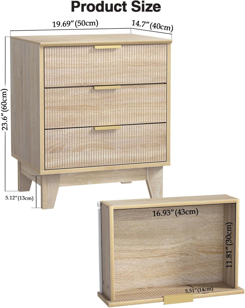 Fluted Nightstand with 3 Drawers Modern Bedside Tabls