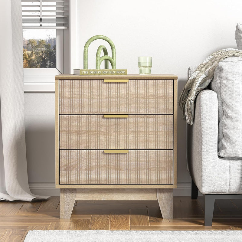 Fluted Nightstand with 3 Drawers Modern Bedside Tabls