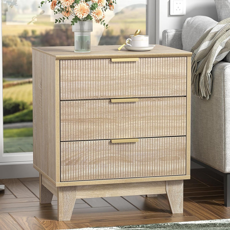 Fluted Nightstand with 3 Drawers Modern Bedside Tabls