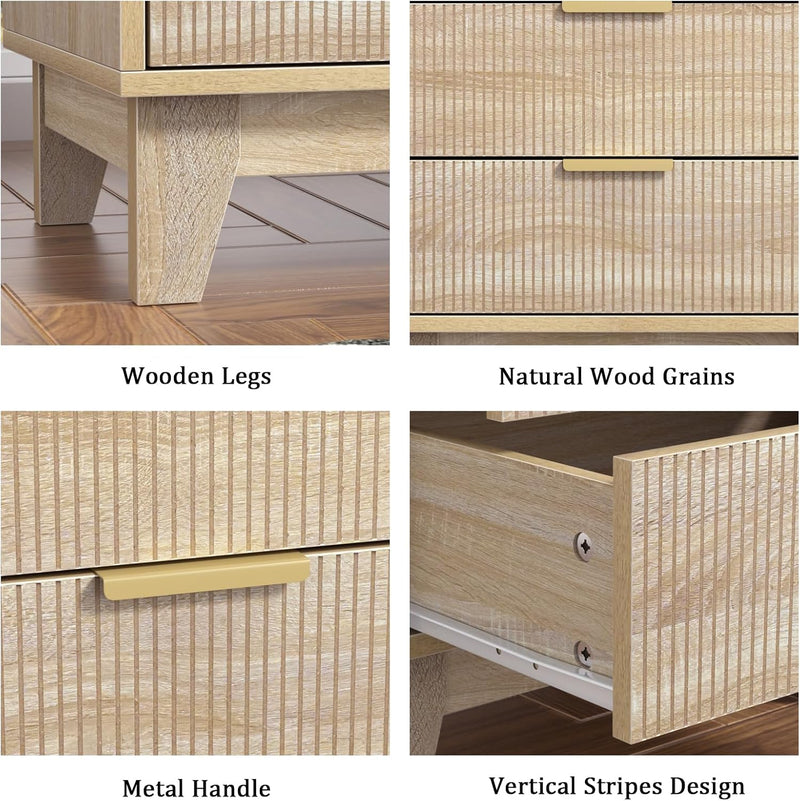 Fluted Nightstand with 3 Drawers Modern Bedside Tabls