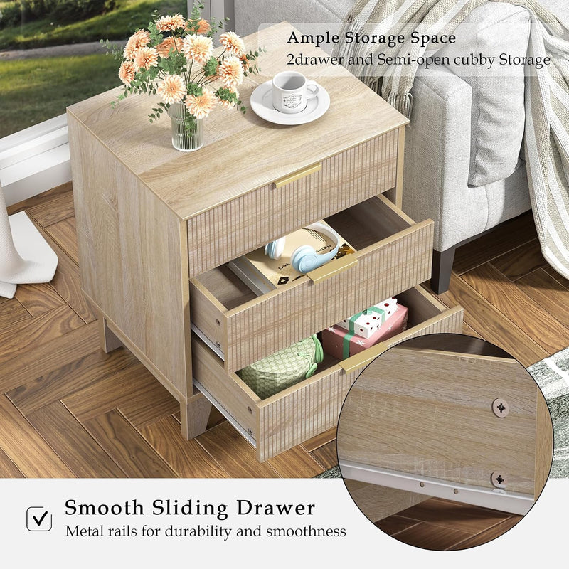 Fluted Nightstand with 3 Drawers Modern Bedside Tabls