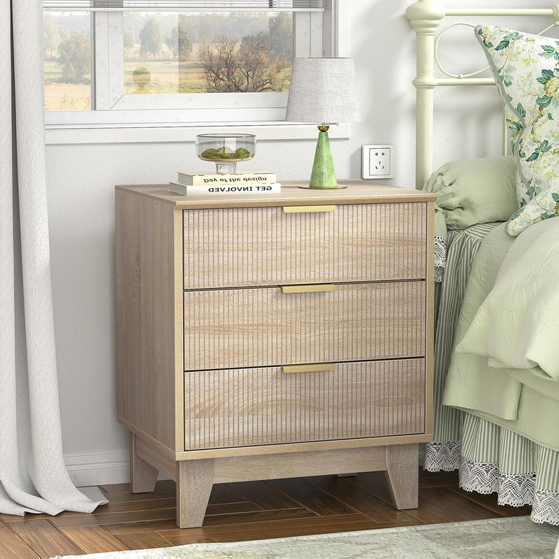 Fluted Nightstand with 3 Drawers Modern Bedside Tabls
