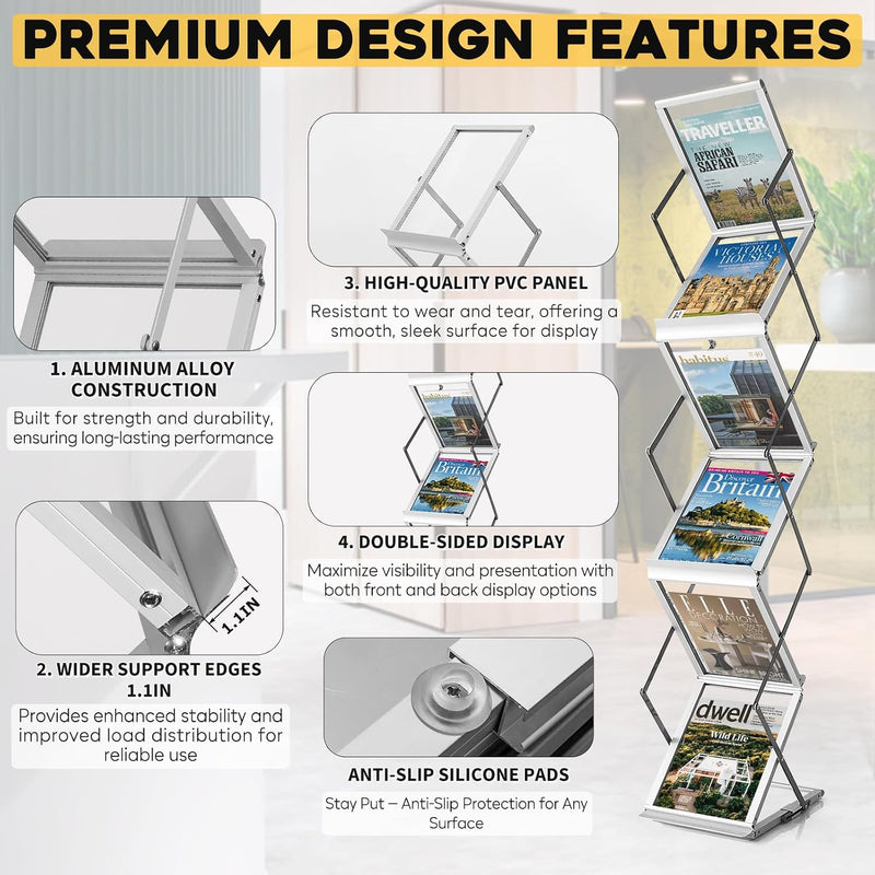 Foldable Aluminium Brochure Stand with 6 Pockets Portable