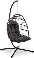 Foldable Egg Chair with Stand Hanging Rattan Wicker