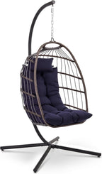 Foldable Egg Chair with Stand Hanging Rattan Wicker