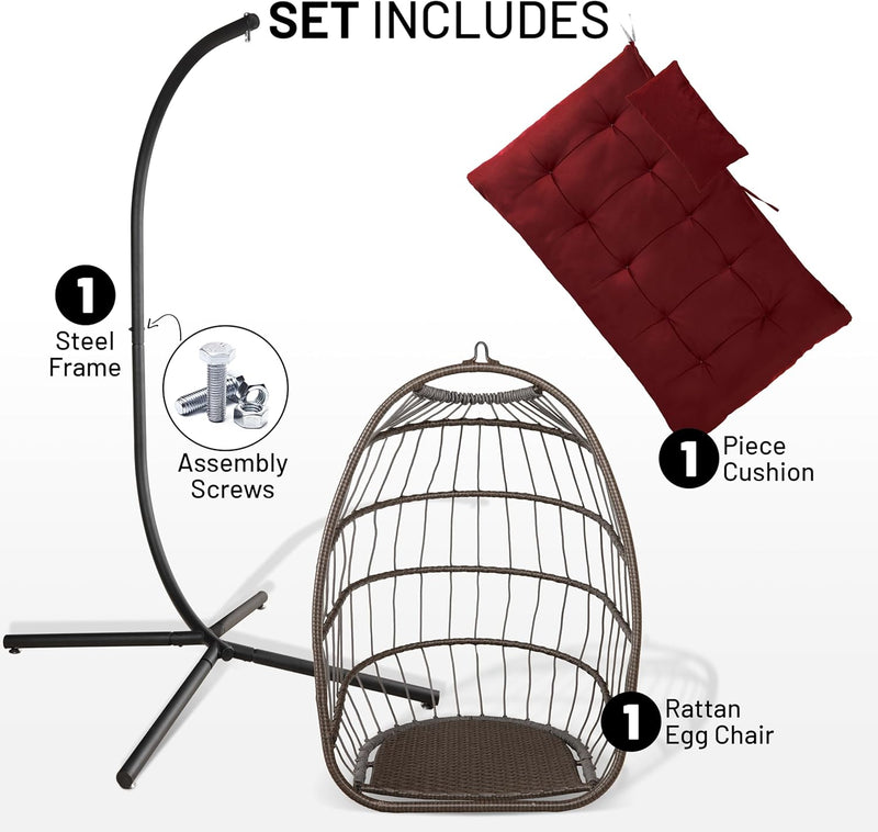 Foldable Egg Chair with Stand Hanging Rattan Wicker
