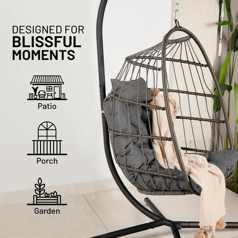 Foldable Egg Chair with Stand Hanging Rattan Wicker
