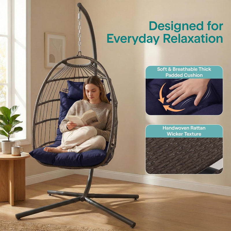 Foldable Egg Chair with Stand Hanging Rattan Wicker
