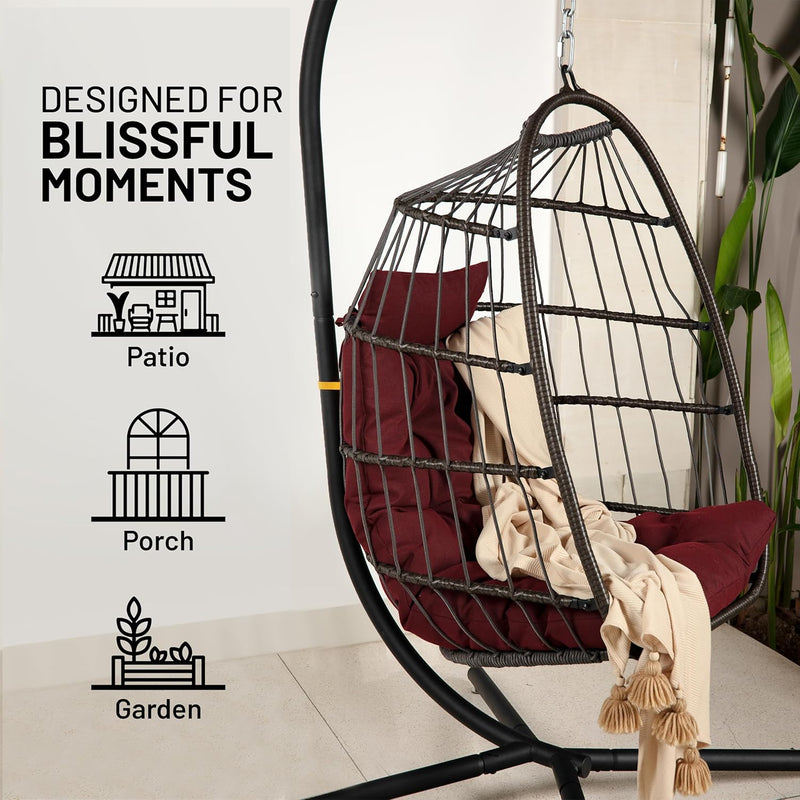 Foldable Egg Chair with Stand Hanging Rattan Wicker