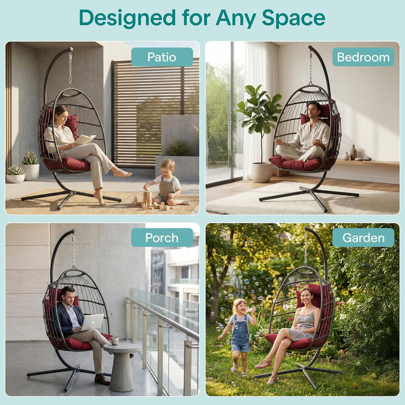 Foldable Egg Chair with Stand Hanging Rattan Wicker