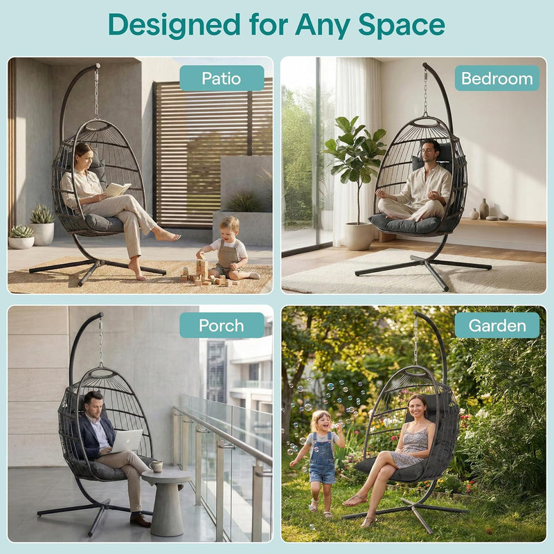 Foldable Egg Chair with Stand Hanging Rattan Wicker