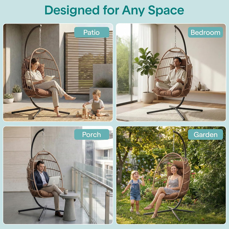 Foldable Egg Chair with Stand Hanging Rattan Wicker