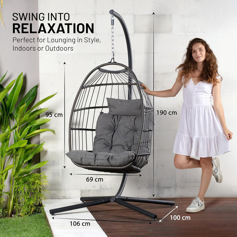 Foldable Egg Chair with Stand Hanging Rattan Wicker