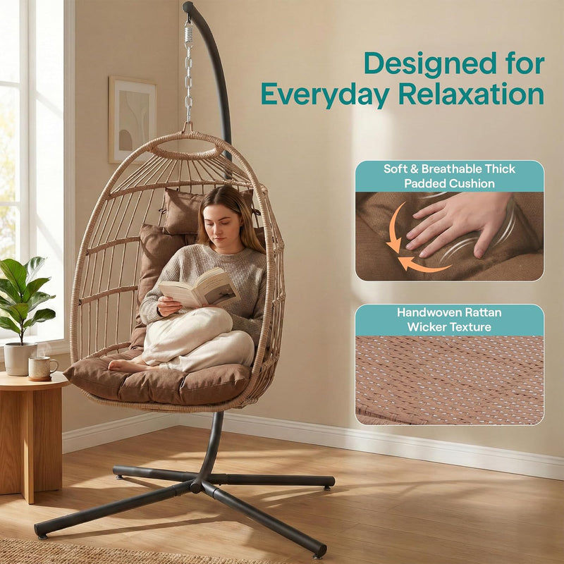 Foldable Egg Chair with Stand Hanging Rattan Wicker