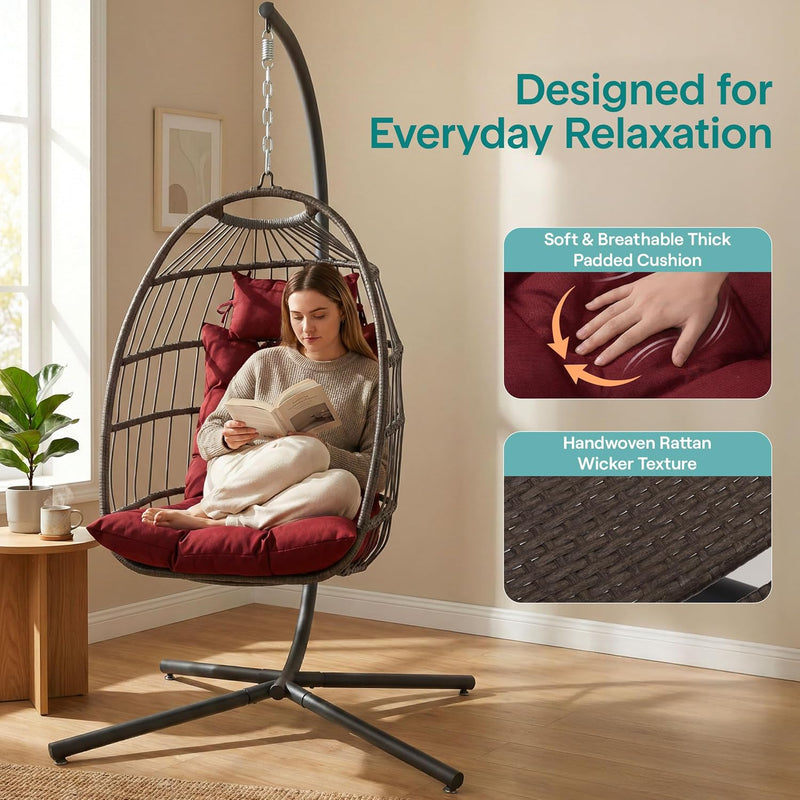 Foldable Egg Chair with Stand Rattan Wicker Hanging