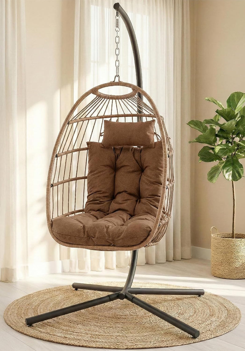 Foldable Egg Chair with Stand Rattan Wicker Hanging