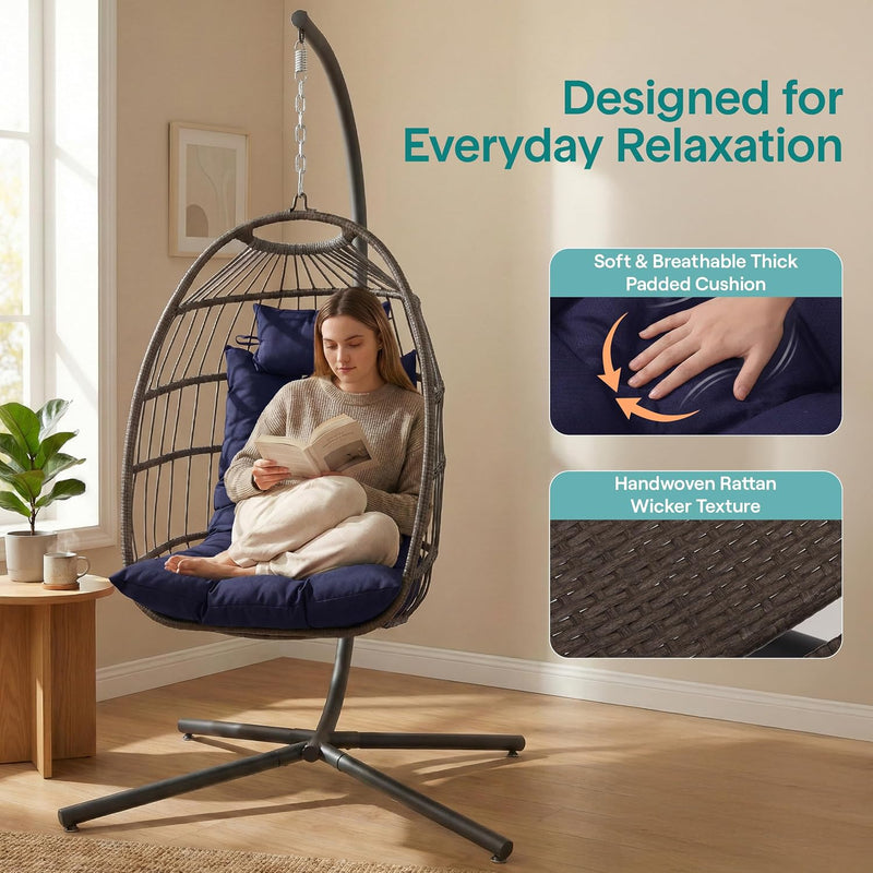 Foldable Egg Chair with Stand Rattan Wicker Hanging