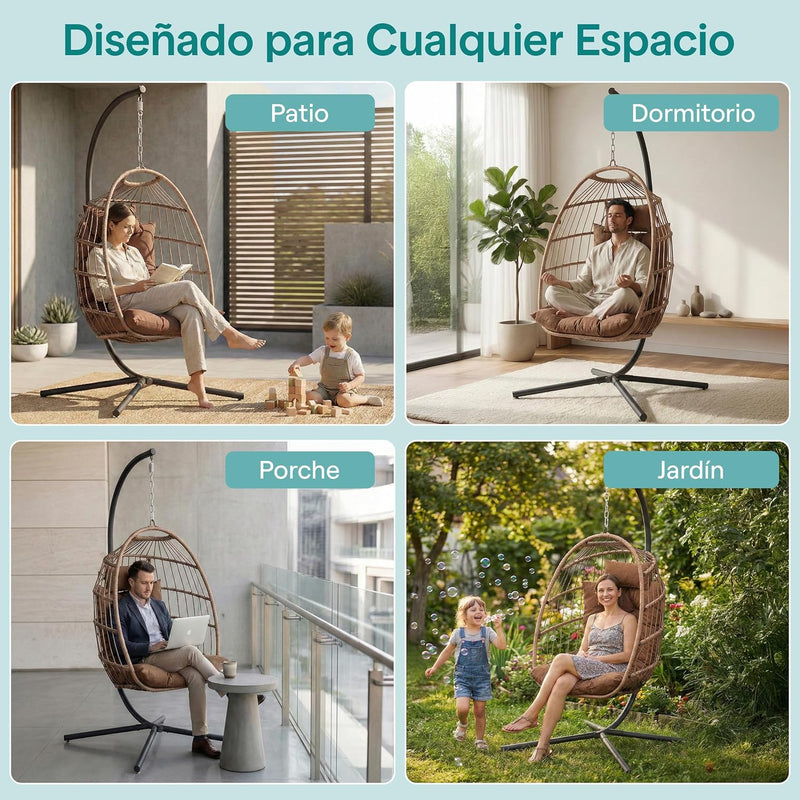 Foldable Egg Chair with Stand Rattan Wicker Hanging