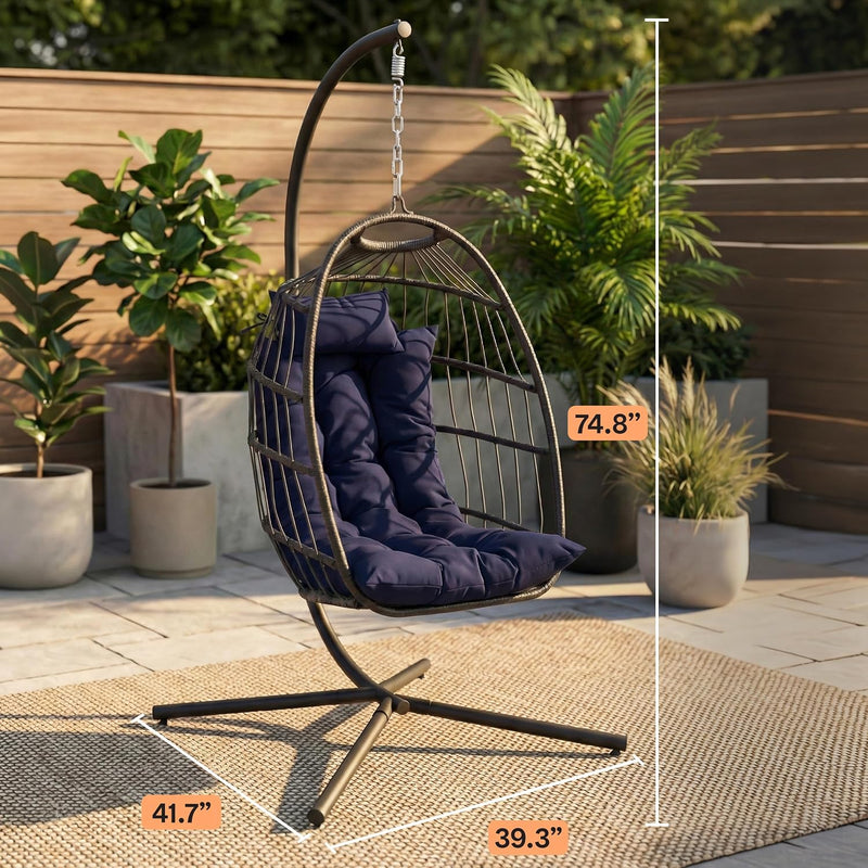 Foldable Egg Chair with Stand Rattan Wicker Hanging