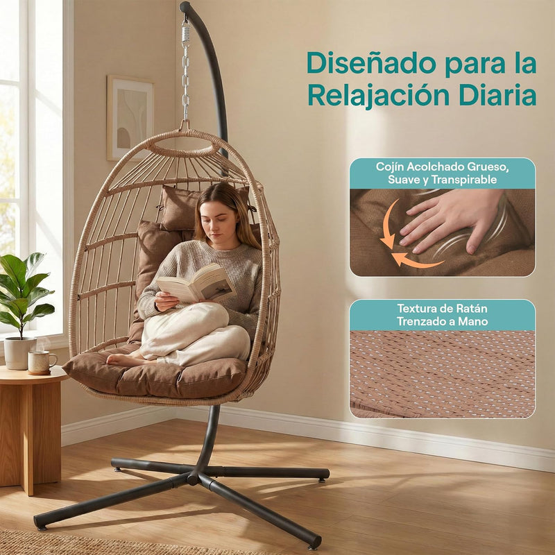 Foldable Egg Chair with Stand Rattan Wicker Hanging