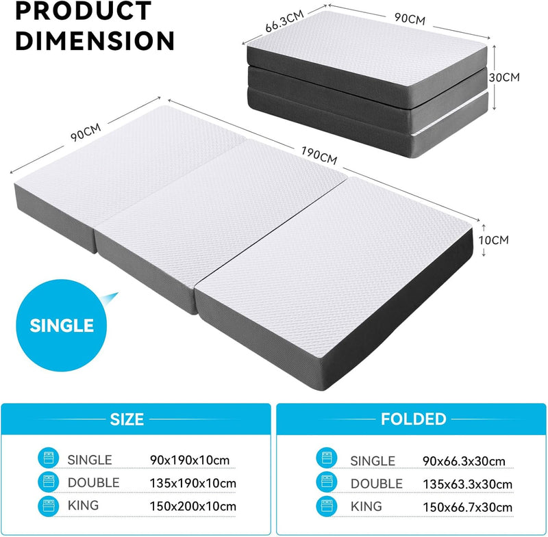 Foldable Folding Mattress Tri-Fold Memory Foam