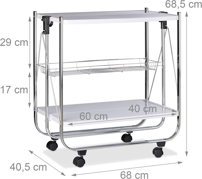 Foldable Serving Trolley 4 Wheels 2 Shelves Basket