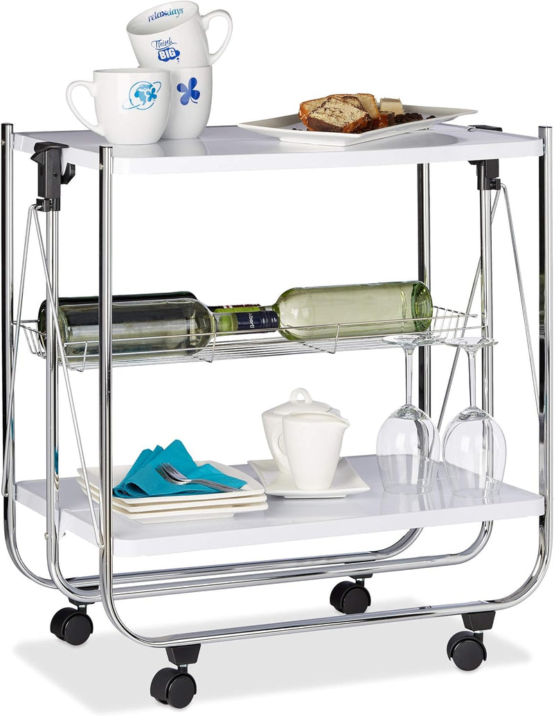 Foldable Serving Trolley 4 Wheels 2 Shelves Basket