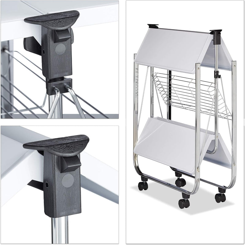 Foldable Serving Trolley 4 Wheels 2 Shelves Basket