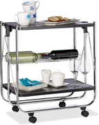 Foldable Serving Trolley 4 Wheels 2 Shelves Basket