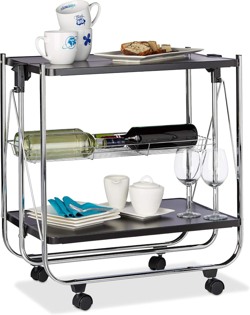 Foldable Serving Trolley 4 Wheels 2 Shelves Basket