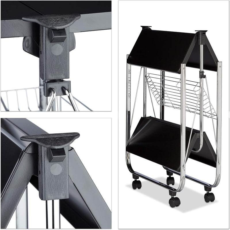 Foldable Serving Trolley 4 Wheels 2 Shelves Basket