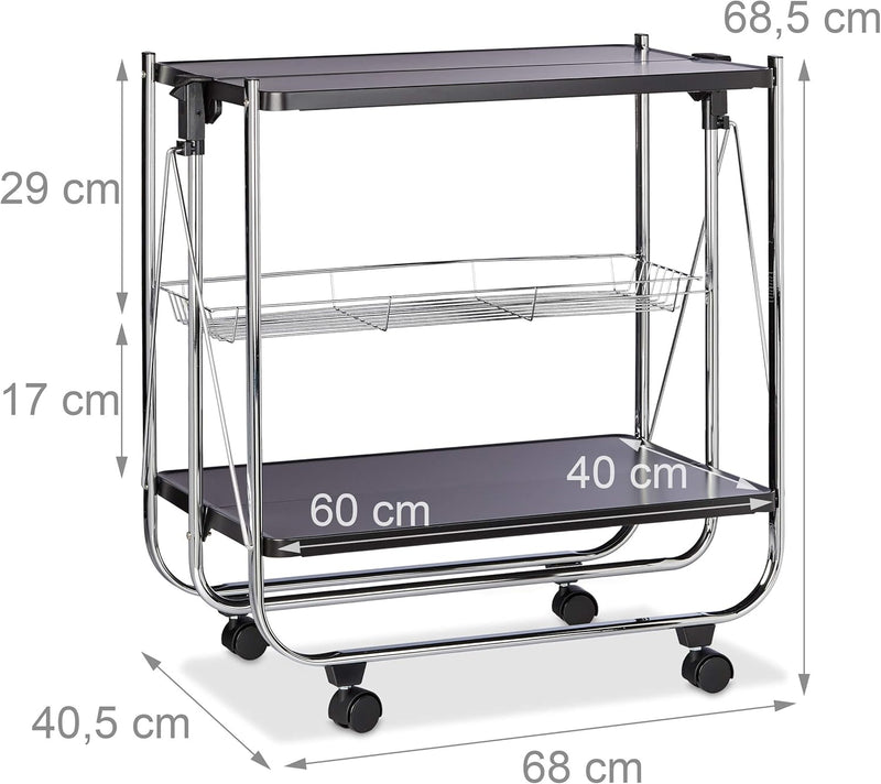 Foldable Serving Trolley 4 Wheels 2 Shelves Basket