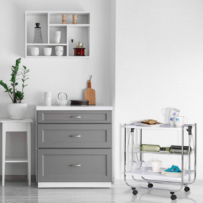 Foldable Serving Trolley 4 Wheels 2 Shelves Basket