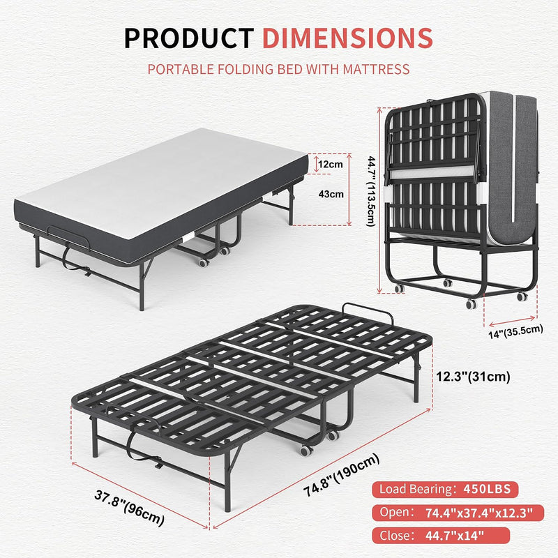 Folding Bed with Mattress for Adults Portable Roll