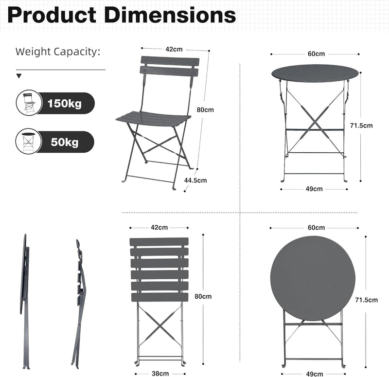 Folding Bistro Table and Chairs for Garden Foldable (Set of 2)