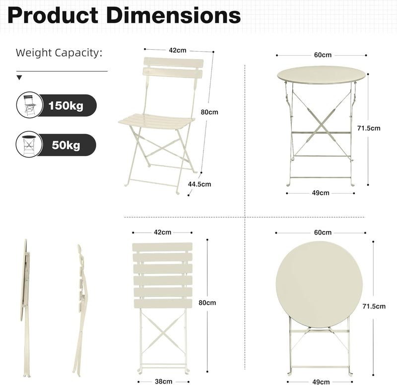 Folding Bistro Table and Chairs for Garden Foldable (Set of 2)